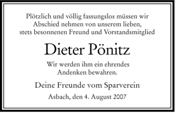 Traueranzeige von Dieter Pönitz von HERSFELDER ZEITUNG
