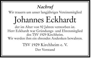Traueranzeige von Johannes Eckhardt von HERSFELDER ZEITUNG
