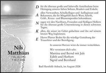 Traueranzeige von Nil Matthaeus von HERSFELDER ZEITUNG