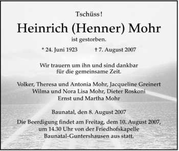 Traueranzeige von Heinrich Mohr von HERSFELDER ZEITUNG