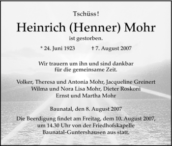 Traueranzeige von Heinrich Mohr von HERSFELDER ZEITUNG