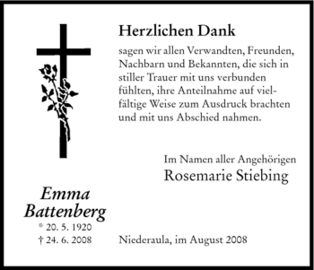 Traueranzeige von Emma Battenberg von HERSFELDER ZEITUNG