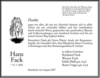 Traueranzeige von Hans Fack von HERSFELDER ZEITUNG