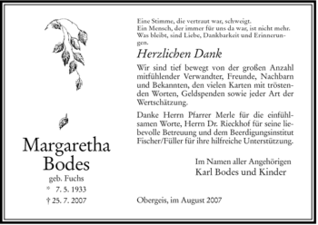 Traueranzeige von Margaretha Bodes von HERSFELDER ZEITUNG