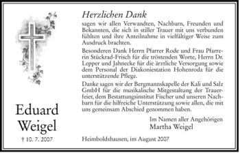 Traueranzeige von Eduard Weigel von HERSFELDER ZEITUNG
