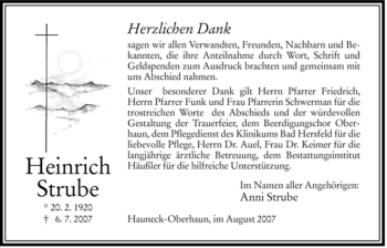 Traueranzeige von Heinrich Strube von HERSFELDER ZEITUNG