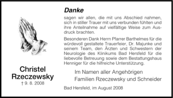 Traueranzeige von Christel Rzeczewsky von HERSFELDER ZEITUNG