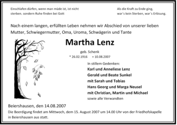 Traueranzeige von Martha Lenz von HERSFELDER ZEITUNG