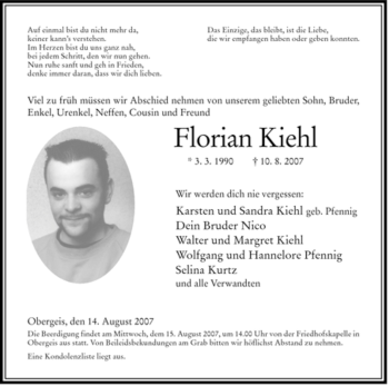 Traueranzeige von Florian Kiehl von HERSFELDER ZEITUNG