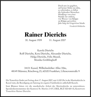 Traueranzeige von Rainer Dierichs von HERSFELDER ZEITUNG