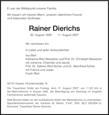 Traueranzeige von Rainer Dierichs von HERSFELDER ZEITUNG