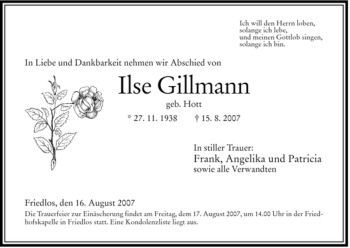 Traueranzeige von Ilse Gillmann von HERSFELDER ZEITUNG