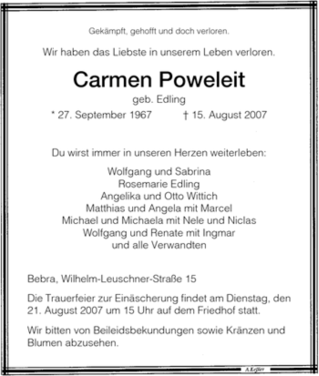 Traueranzeige von Carmen Poweleit von HERSFELDER ZEITUNG