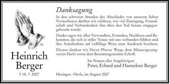 Traueranzeige von Heinrich Berger von HERSFELDER ZEITUNG