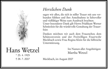 Traueranzeige von Hans Wetzel von HERSFELDER ZEITUNG