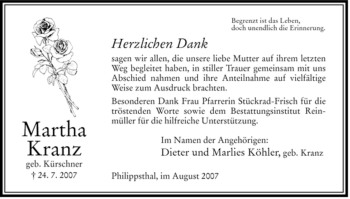 Traueranzeige von Martha Kranz von HERSFELDER ZEITUNG
