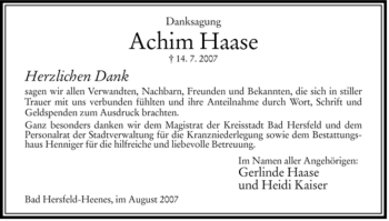 Traueranzeige von Achim Haase von HERSFELDER ZEITUNG