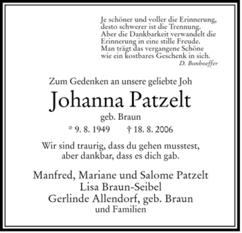 Traueranzeige von Johanna Patzelt von HERSFELDER ZEITUNG