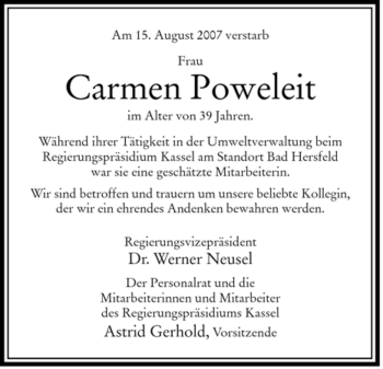 Traueranzeige von Carmen Poweleit von HERSFELDER ZEITUNG