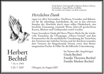 Traueranzeige von Herbert Bechtel von HERSFELDER ZEITUNG