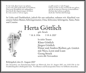 Traueranzeige von Herta Göttlich von HERSFELDER ZEITUNG