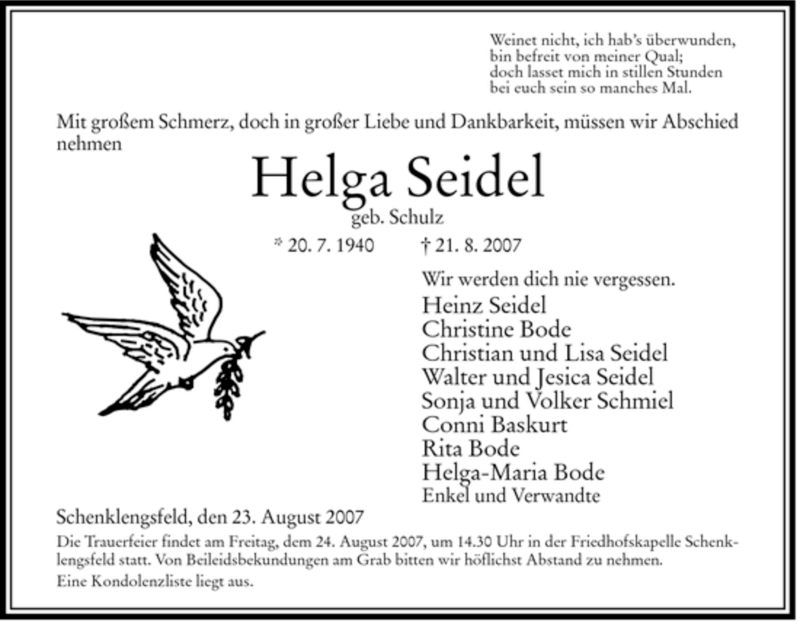  Traueranzeige für Helga Seidel vom 23.08.2007 aus HERSFELDER ZEITUNG
