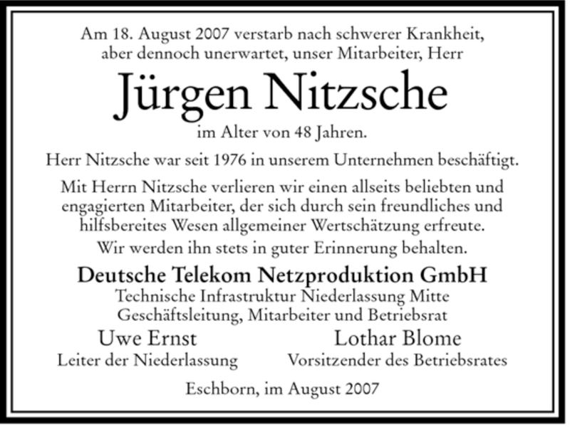  Traueranzeige für Jürgen Nitzsche vom 24.08.2007 aus HERSFELDER ZEITUNG
