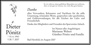 Traueranzeige von Dieter Pönitz von HERSFELDER ZEITUNG