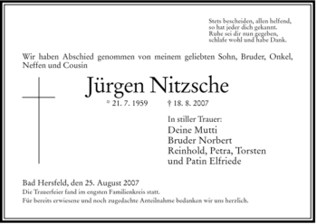 Traueranzeige von Jürgen Nitzsche von HERSFELDER ZEITUNG