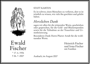 Traueranzeige von Ewald Fischer von HERSFELDER ZEITUNG