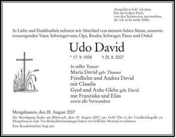 Traueranzeige von Udo David von HERSFELDER ZEITUNG