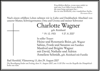 Traueranzeige von Charlotte Wagner von HERSFELDER ZEITUNG