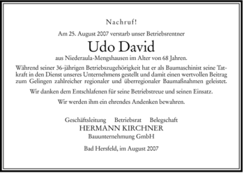 Traueranzeige von Udo David von HERSFELDER ZEITUNG