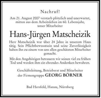 Traueranzeige von Hans-Juergen Matscheizik von HERSFELDER ZEITUNG