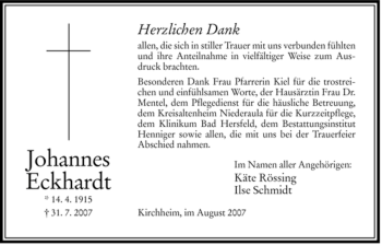 Traueranzeige von Johannes Eckhardt von HERSFELDER ZEITUNG