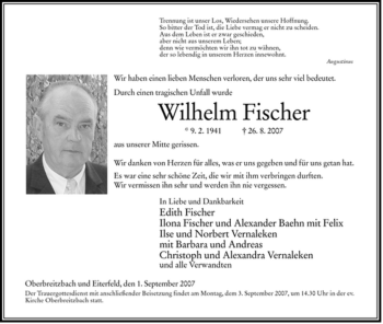 Traueranzeige von Wilhelm Fischer von HERSFELDER ZEITUNG