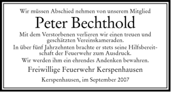 Traueranzeige von Peter Bechthold von HERSFELDER ZEITUNG