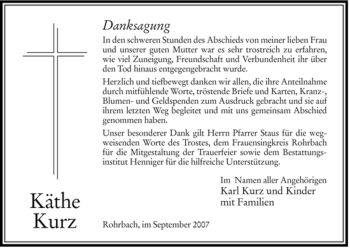 Traueranzeige von Käthe Kurz von HERSFELDER ZEITUNG