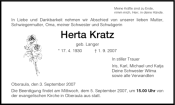 Traueranzeige von Herta Kratz von HERSFELDER ZEITUNG