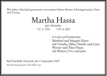 Traueranzeige von Martha Hassa von HERSFELDER ZEITUNG
