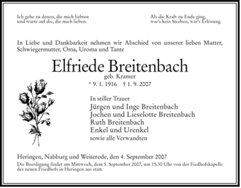 Traueranzeige von Elfriede Breitenbach von HERSFELDER ZEITUNG