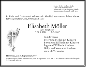 Traueranzeige von Elisabeth Moeller von HERSFELDER ZEITUNG