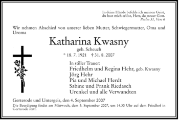 Traueranzeige von Katharina Kwasny von HERSFELDER ZEITUNG