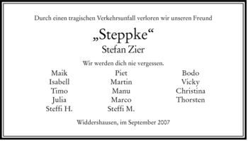 Traueranzeige von Stefan Zier von HERSFELDER ZEITUNG
