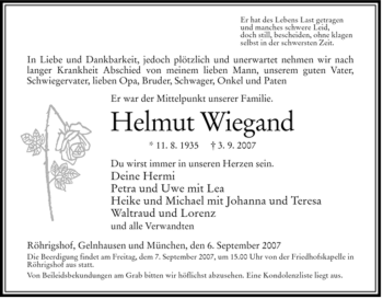 Traueranzeige von Helmut Wiegand von HERSFELDER ZEITUNG