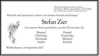 Traueranzeige von Stefan Zier von HERSFELDER ZEITUNG