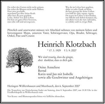 Traueranzeige von Heinrich Klotzbach von HERSFELDER ZEITUNG