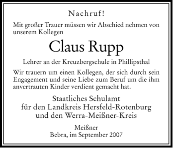 Traueranzeige von Claus Rupp von HERSFELDER ZEITUNG