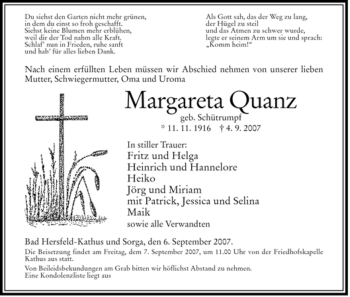 Traueranzeige von Margareta Quanz von HERSFELDER ZEITUNG