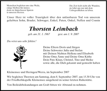 Traueranzeige von Thorsten Leimbach von HERSFELDER ZEITUNG